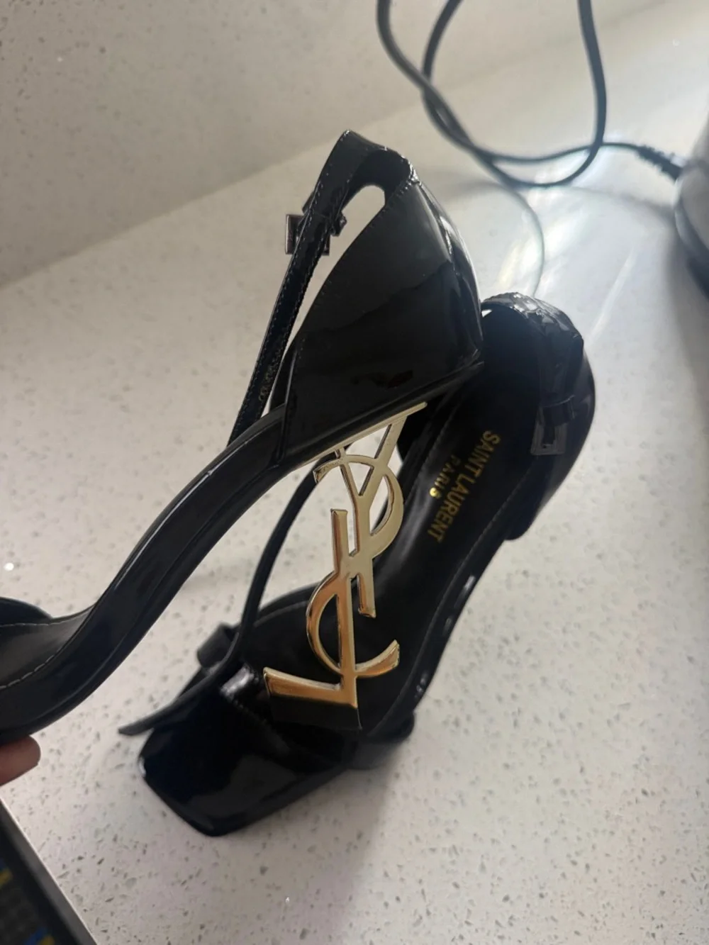 Saint Laurent Black Patent Opyum Logo-Heel Sandals - Picture 3 of 6